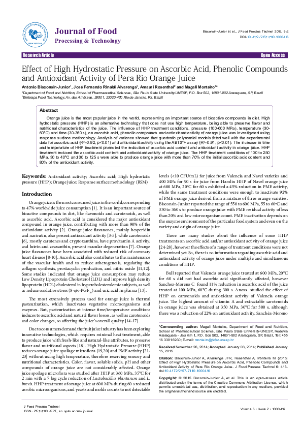 (PDF) Effect of High Hydrostatic Pressure on Ascorbic Acid, Phenolic ...