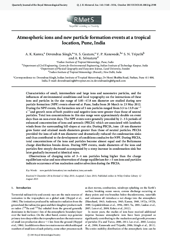 (PDF) Atmospheric ions and new particle formation events at a tropical ...
