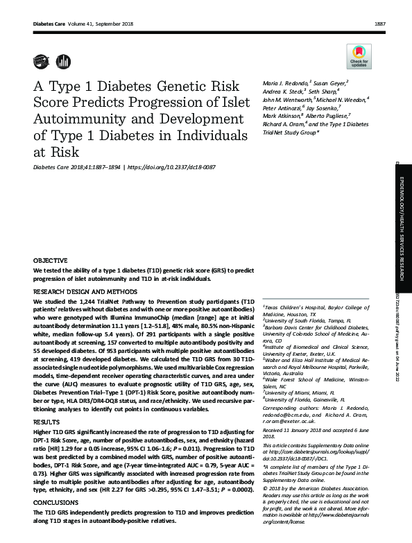 (PDF) A Type 1 Diabetes Genetic Risk Score Predicts Progression of ...