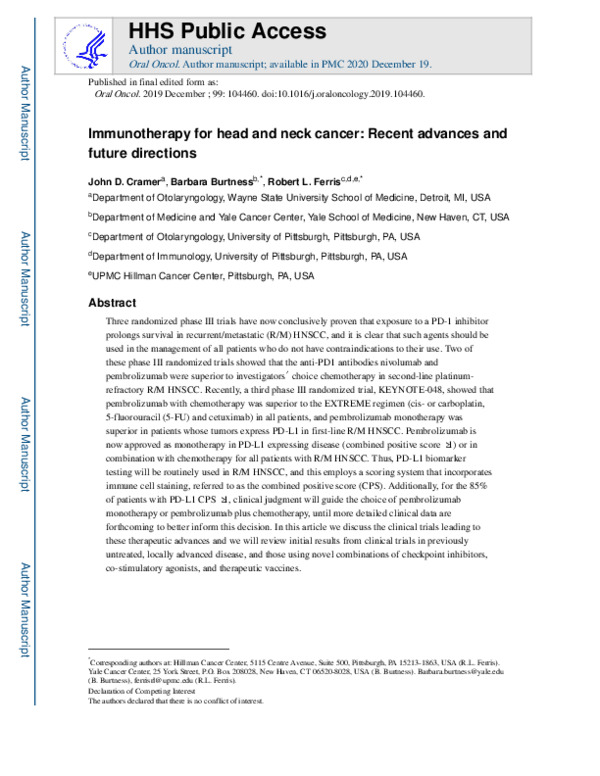 (PDF) Immunotherapy for head and neck cancer: Recent advances and ...