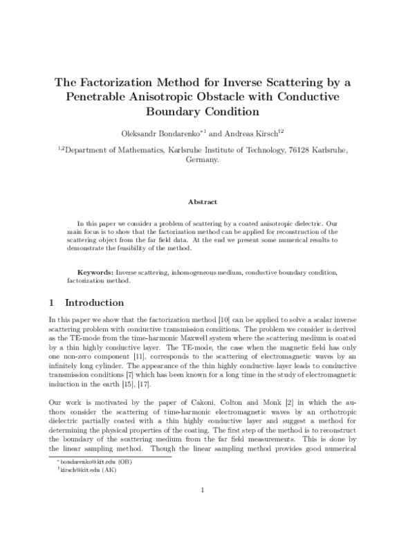 (PDF) The factorization method for inverse scattering by a penetrable ...