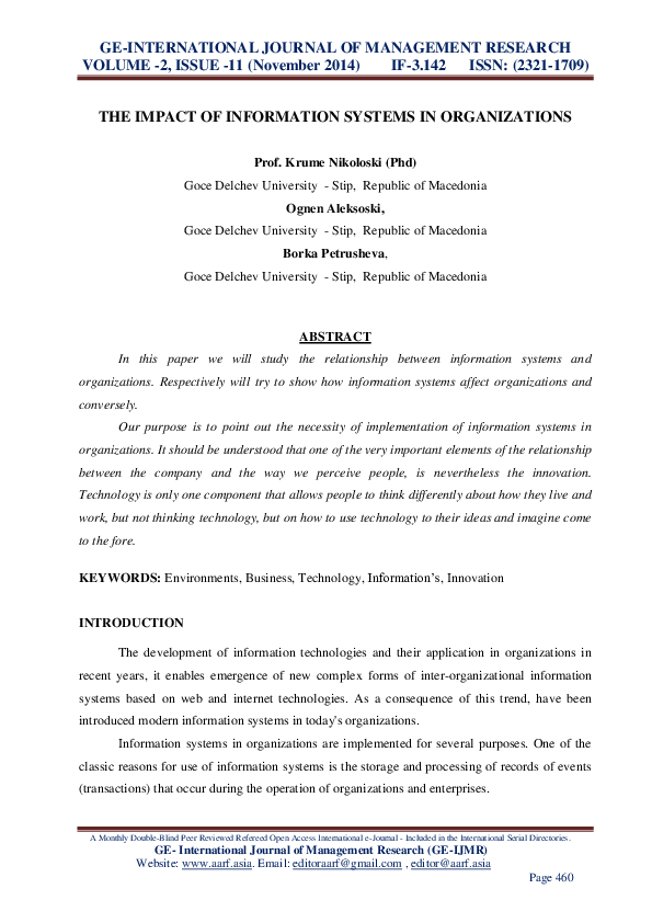 (PDF) The impact of information systems in organizations