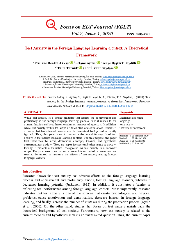 (PDF) Test Anxiety in the Foreign Language Learning Context: A ...