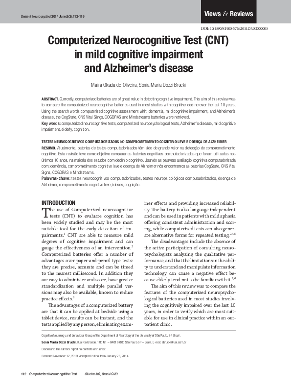 (PDF) Computerized Neurocognitive Test (CNT) in mild cognitive ...