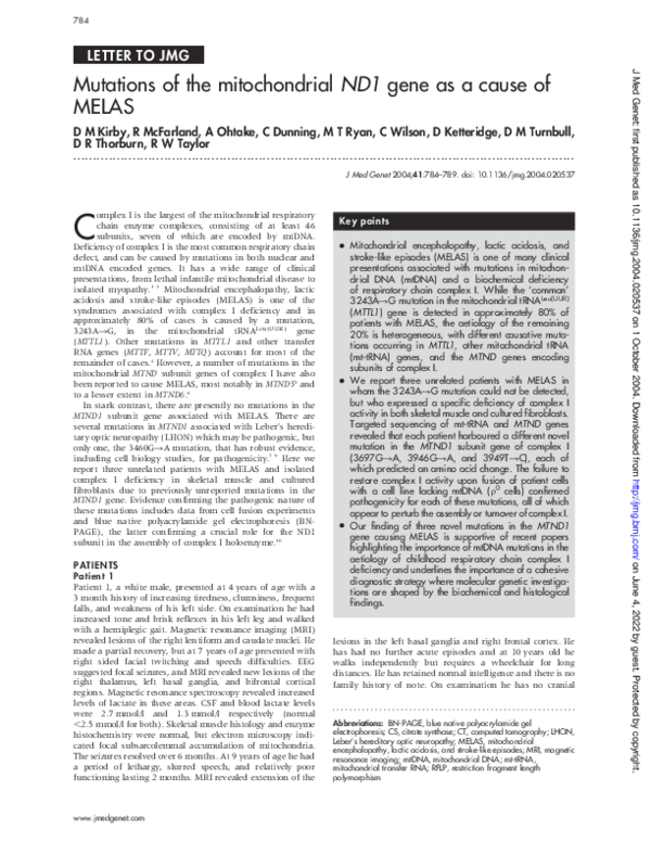 (PDF) Mutations of the mitochondrial ND1 gene as a cause of MELAS