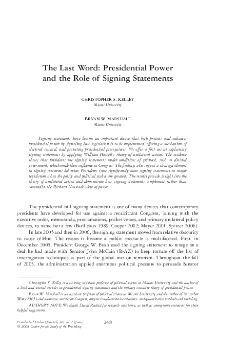 (PDF) The Last Word: Presidential Power and the Role of Signing Statements