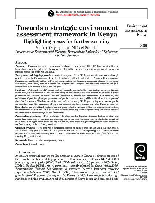 (PDF) Towards a strategic environment assessment framework in Kenya ...