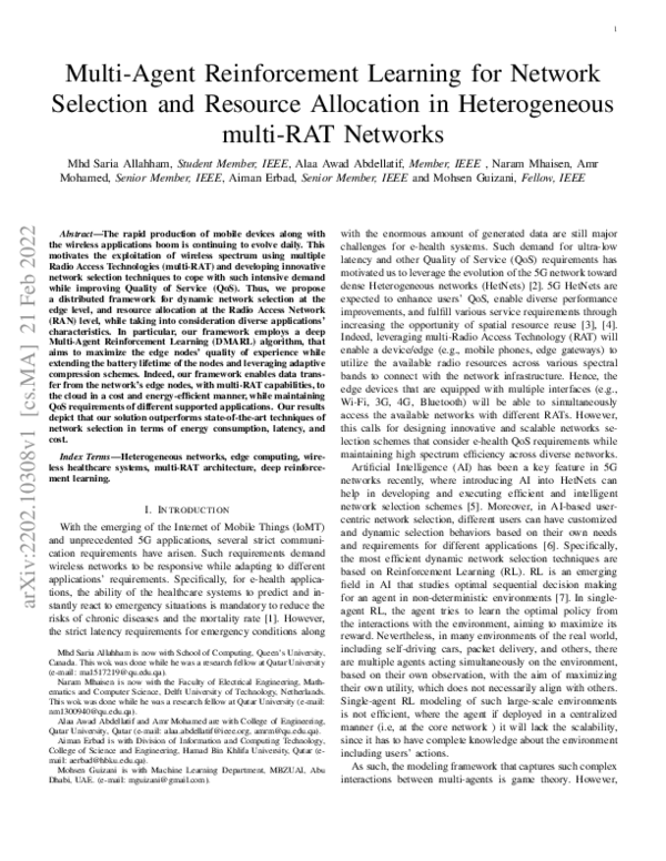 (PDF) Multi-Agent Reinforcement Learning for Network Selection and ...