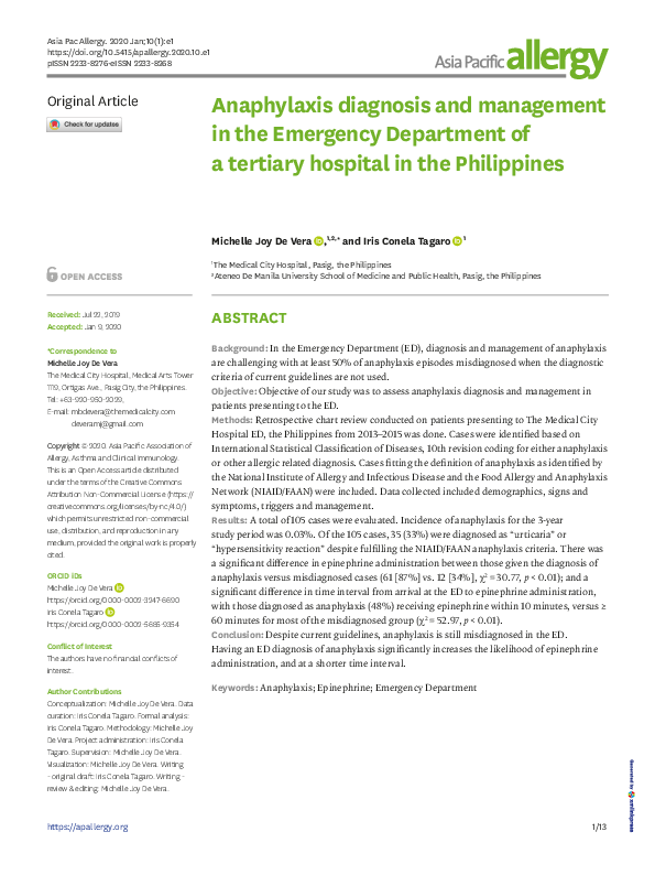 (PDF) Anaphylaxis diagnosis and management in the Emergency Department ...