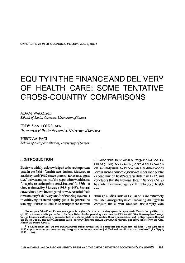 (PDF) Equity in the Finance and Delivery of Health Care: Some Tentative ...