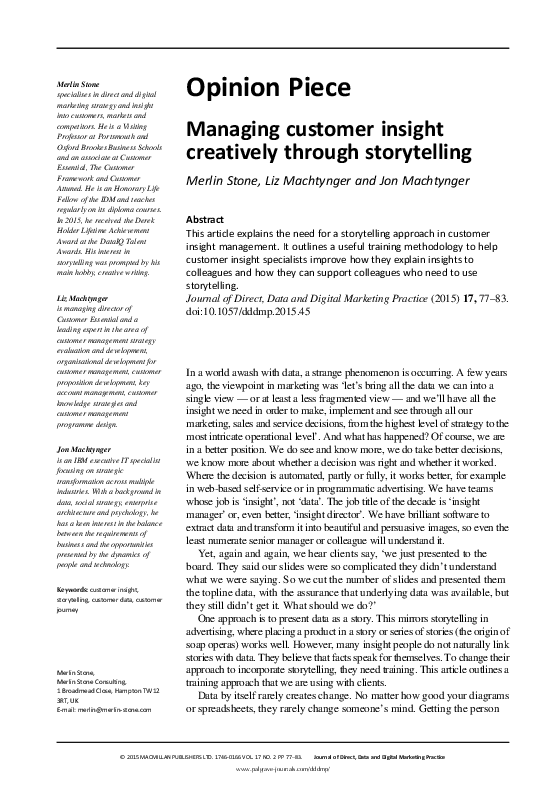 (PDF) Managing customer insight creatively through storytelling