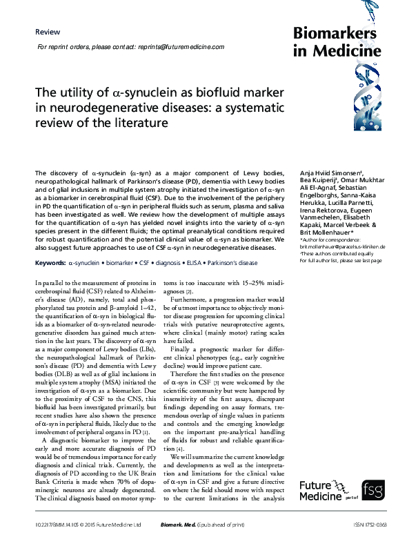 (PDF) The utility of α-synuclein as biofluid marker in ...