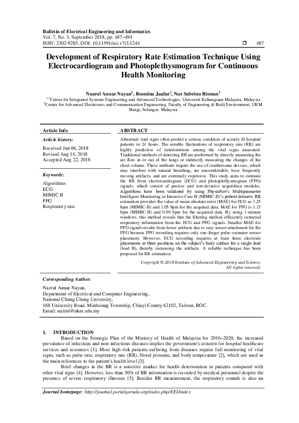 (PDF) Development of Respiratory Rate Estimation Technique Using ...