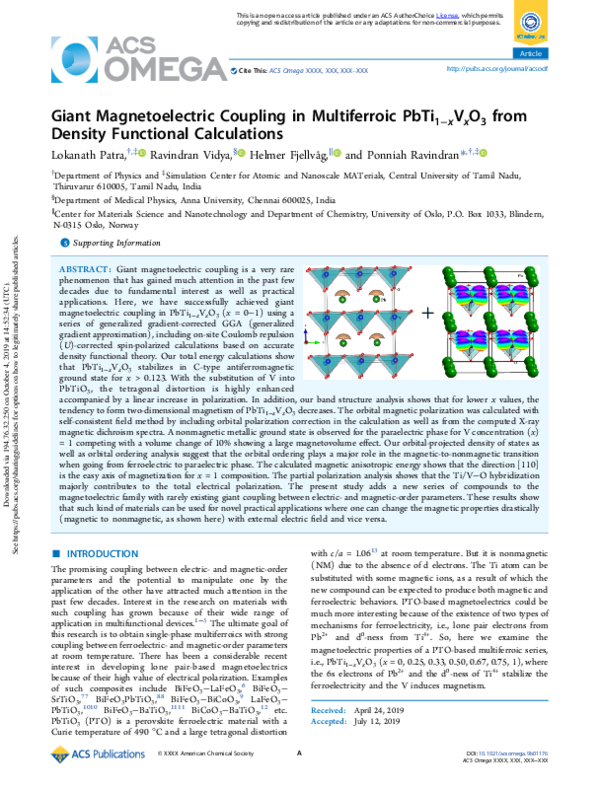 (PDF) Giant Magnetoelectric Coupling in Multiferroic PbTi1–xVxO3 from ...