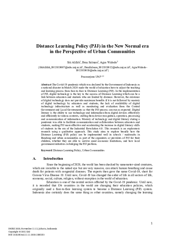 (PDF) Distance Learning Policy (PJJ) in the New Normal era in the