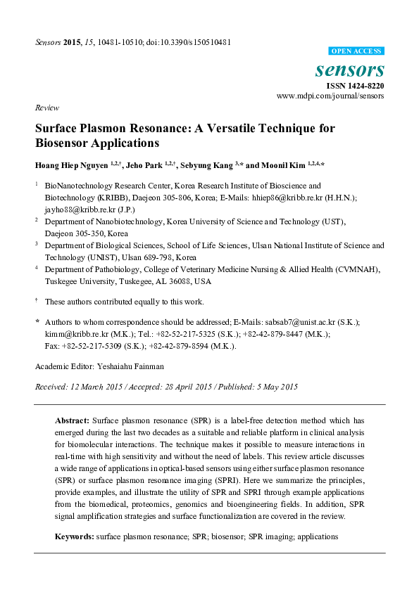 (PDF) Surface Plasmon Resonance: A Versatile Technique for Biosensor ...