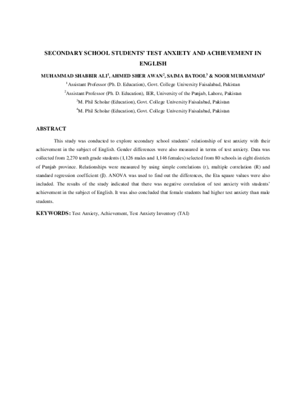(PDF) Secondary School Students' Test Anxiety and Achievement in English