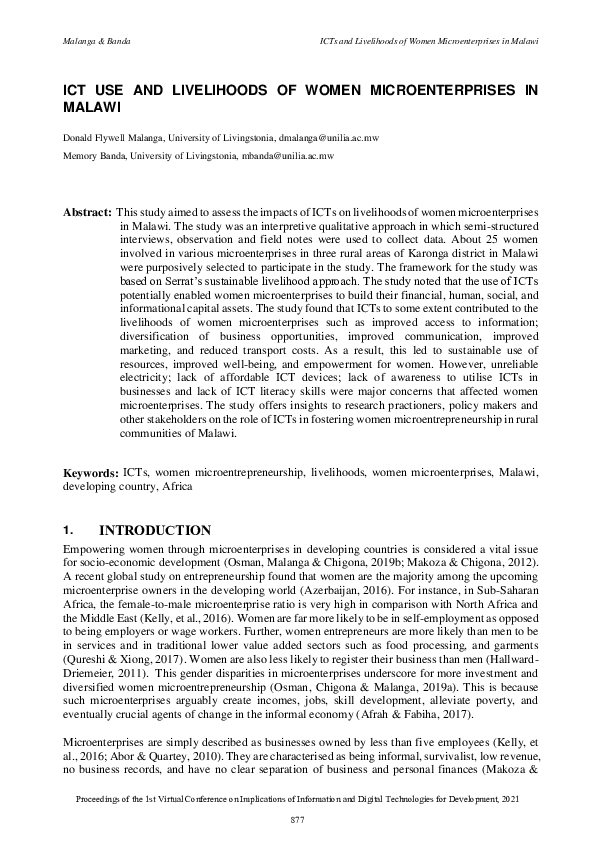 (PDF) ICT Use and Livelihoods of Women Microenterprises in Malawi