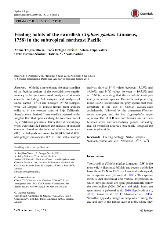 (PDF) Feeding habits of the swordfish (Xiphias gladius Linnaeus, 1758
