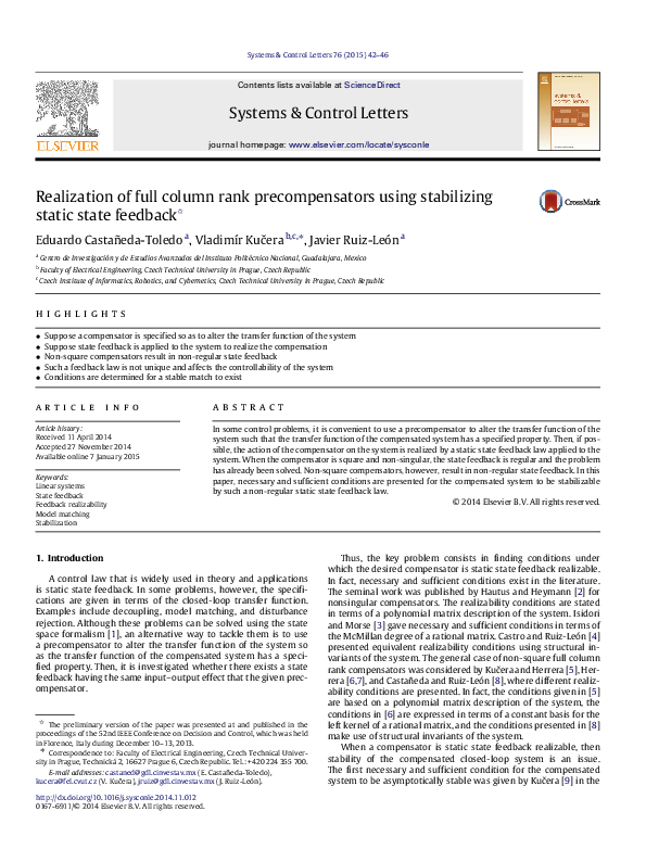 (PDF) Realization of full column rank precompensators using stabilizing ...