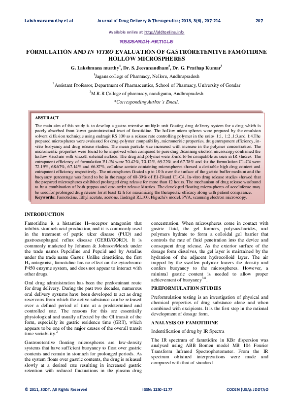 (PDF) Formulation and in Vitro Evaluation of Gastroretentive Famotidine ...