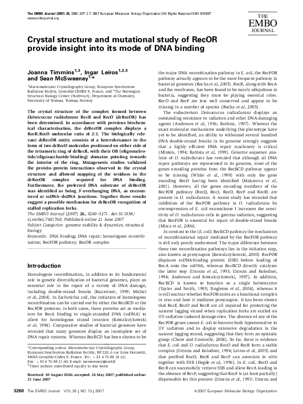 (PDF) Crystal structure and mutational study of RecOR provide insight ...