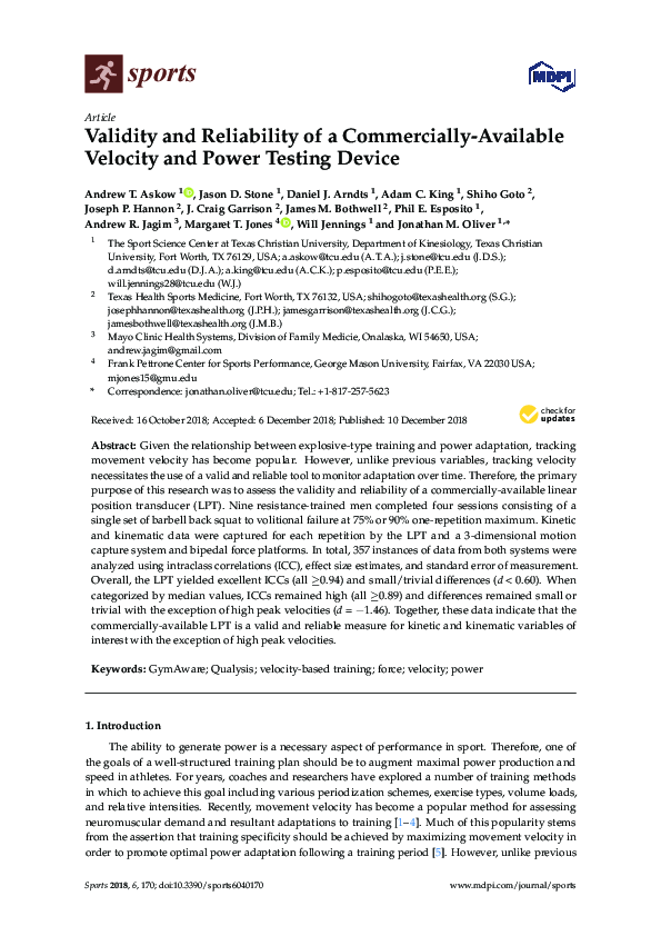 (PDF) Validity and Reliability of a Commercially-Available Velocity and ...