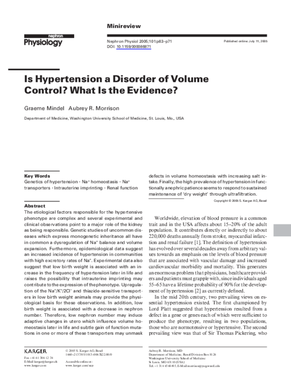 (PDF) Is Hypertension a Disorder of Volume Control? What Is the Evidence?
