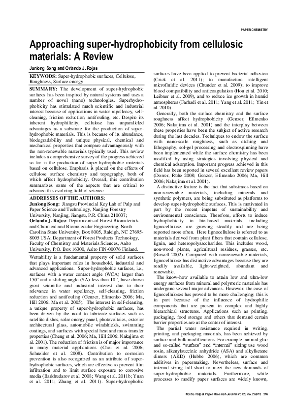 (PDF) PAPER CHEMISTRY Approaching superhydrophobicity from cellulosic