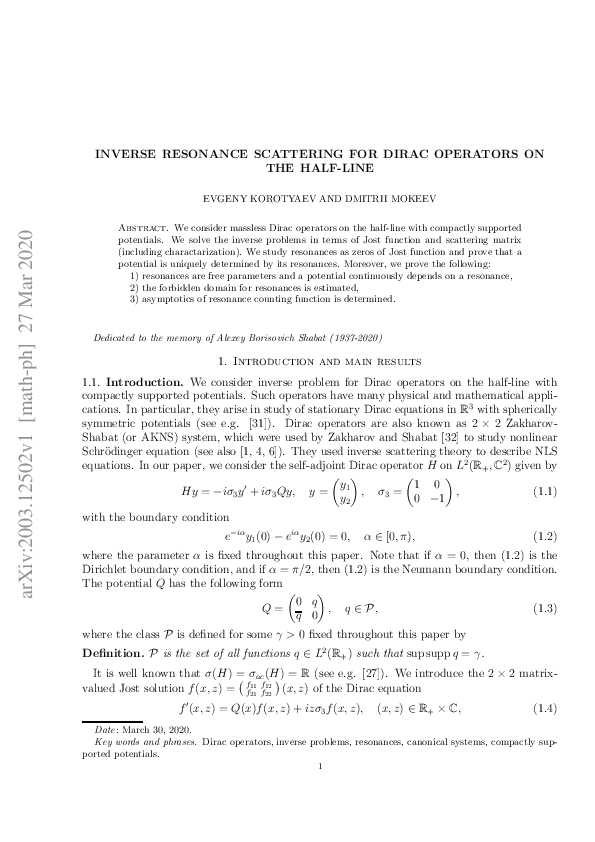 (PDF) Inverse resonance scattering for Dirac operators on the half-line