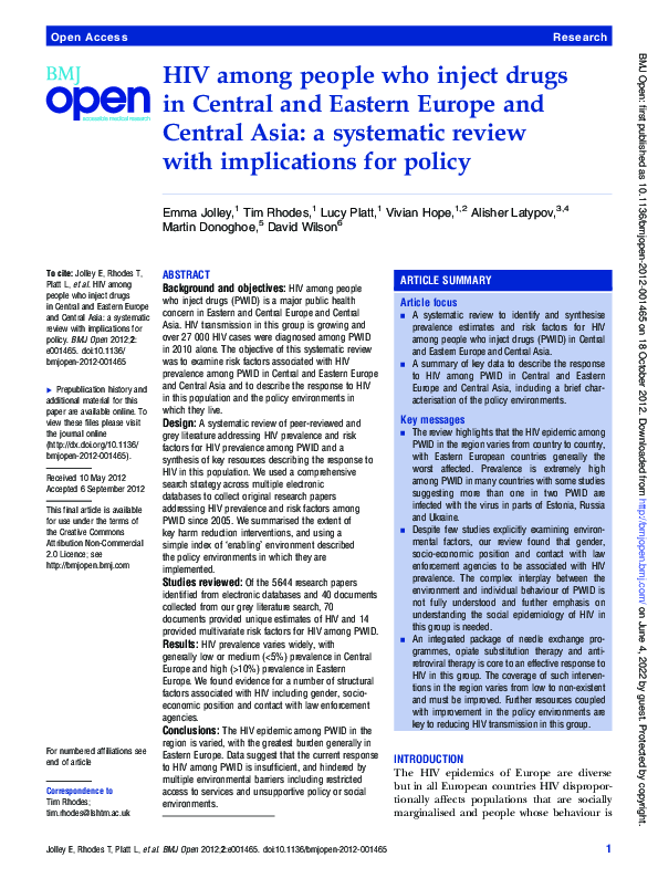(PDF) HIV among people who inject drugs in Central and Eastern Europe ...