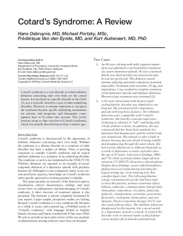 Cotard’S Syndrome: Clinical Case Presentation And Literature Review – JRRMO