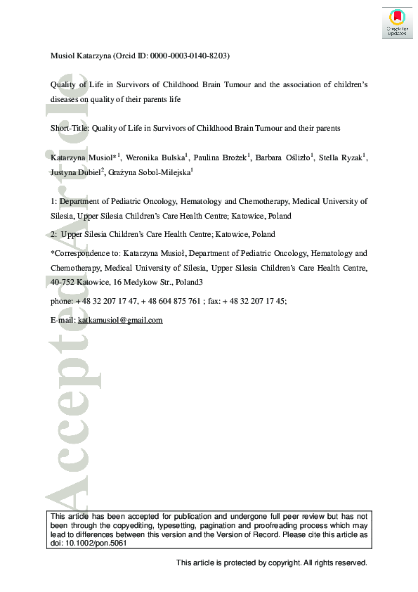 (PDF) Quality of Life in Survivors of Childhood Brain Tumour and the ...
