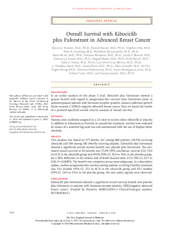 (PDF) Overall Survival with Ribociclib plus Fulvestrant in Advanced ...