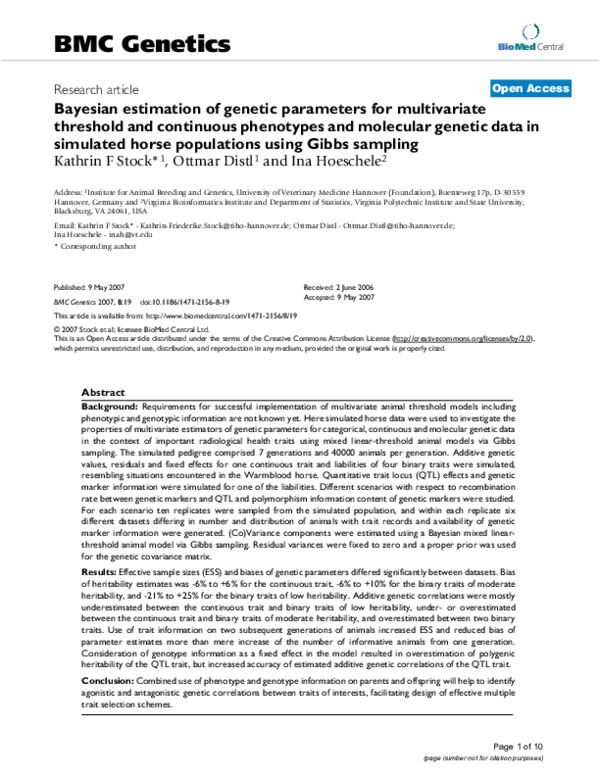 (PDF) Bayesian estimation of genetic parameters for multivariate ...