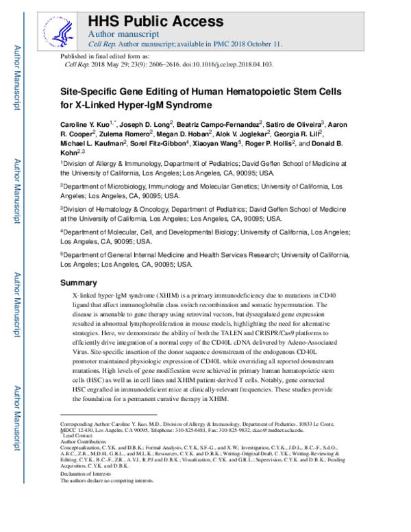 (PDF) Site-Specific Gene Editing of Human Hematopoietic Stem Cells for ...
