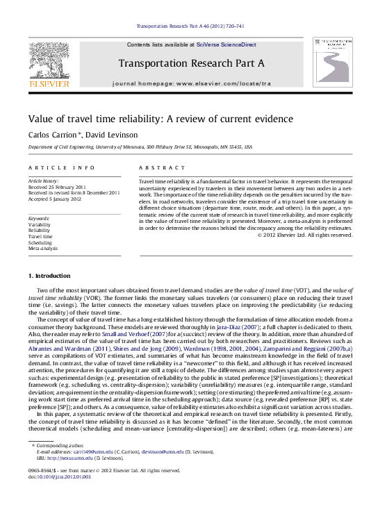 (PDF) Value of Travel Time Reliability: A Review of Current Evidence