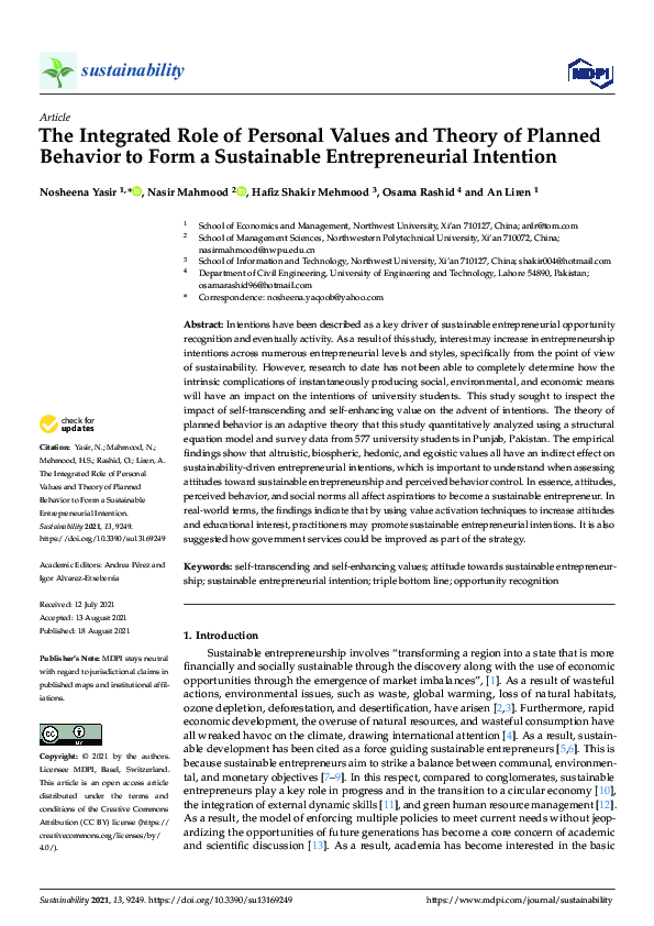 (PDF) The Integrated Role of Personal Values and Theory of Planned ...