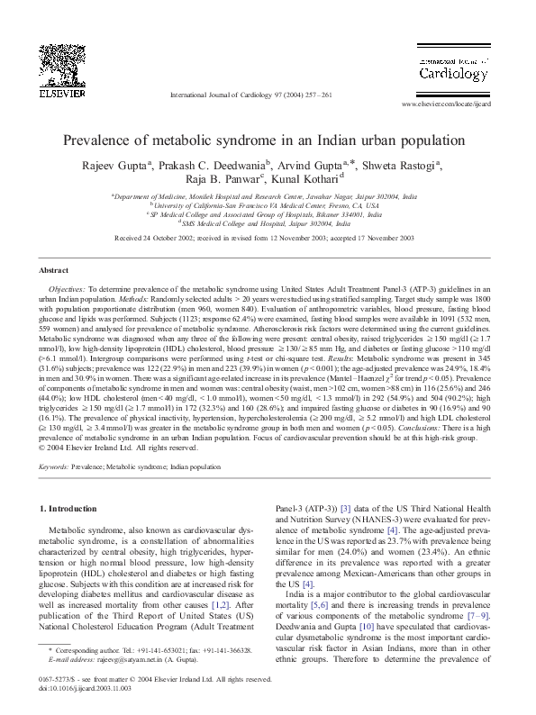 (PDF) Prevalence of metabolic syndrome in an Indian urban population