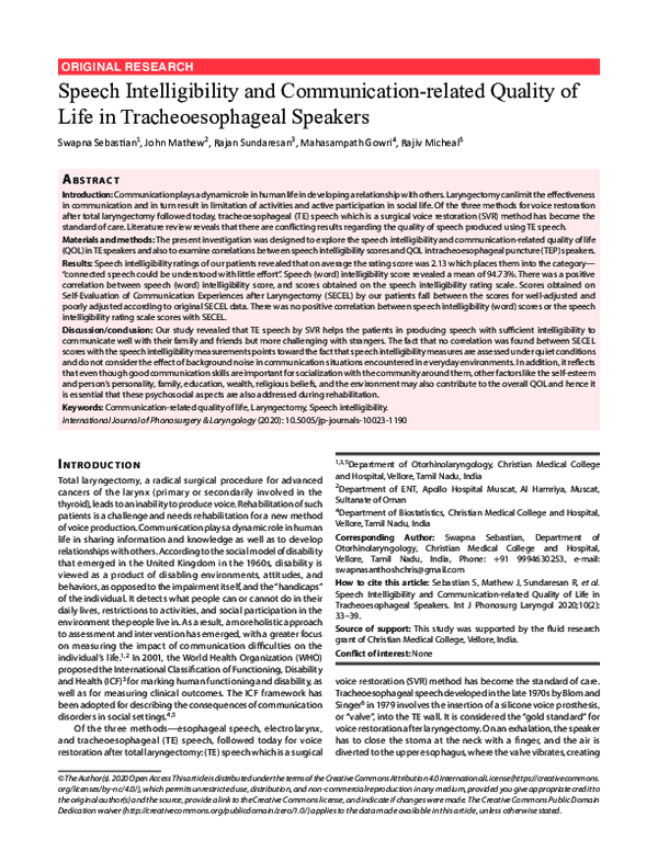 (PDF) Speech Intelligibility and Communication-related Quality of Life ...