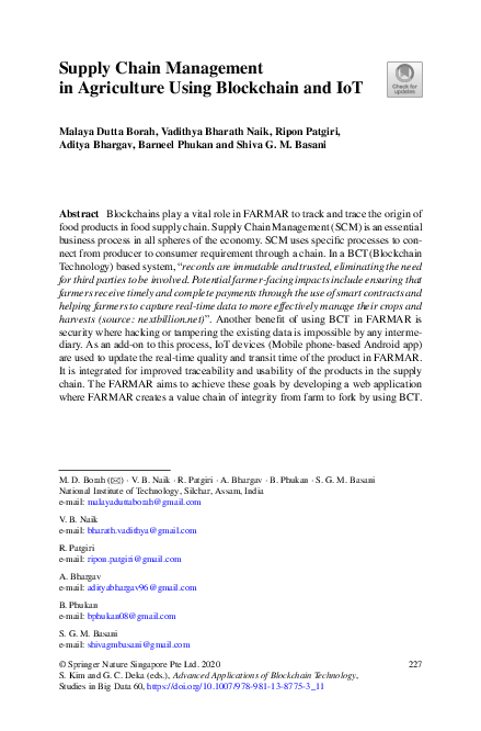(PDF) Supply Chain Management in Agriculture Using Blockchain and IoT