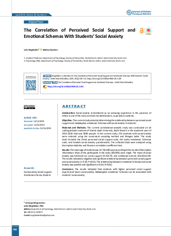 (PDF) The Correlation of Perceived Social Support and Emotional Schemes ...