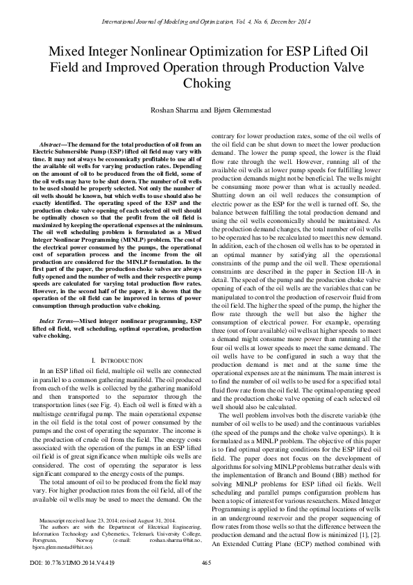 (PDF) Mixed Integer Nonlinear Optimization for ESP Lifted Oil Field and ...