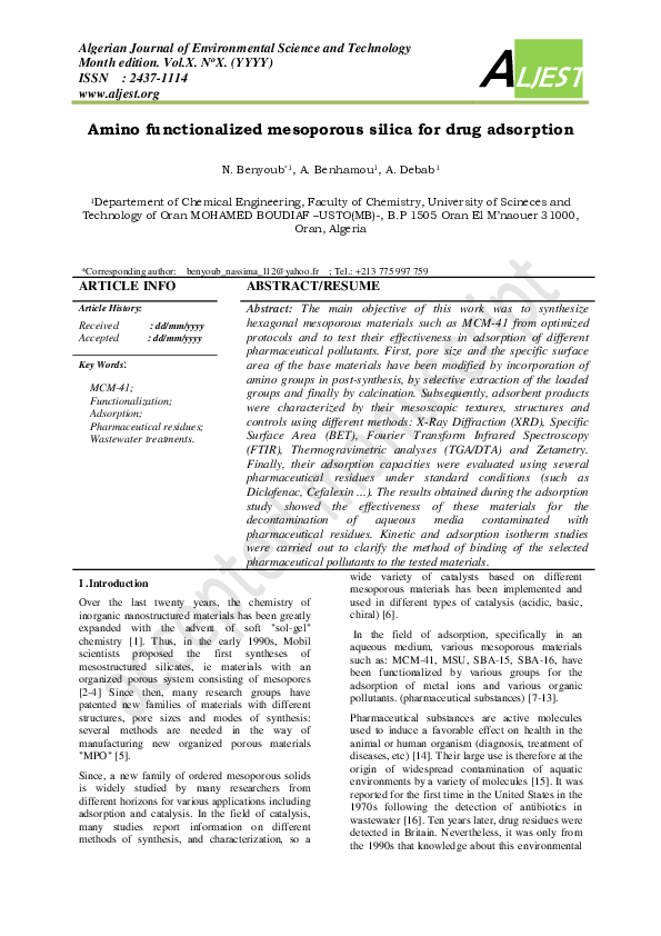 (PDF) Amino functionalized mesoporous silica for drug adsorption