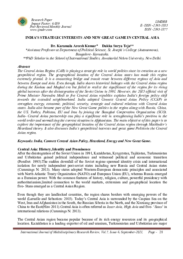 (PDF) INDIA'S STRATEGIC INTERESTS AND NEW GREAT GAME IN CENTRAL ASIA
