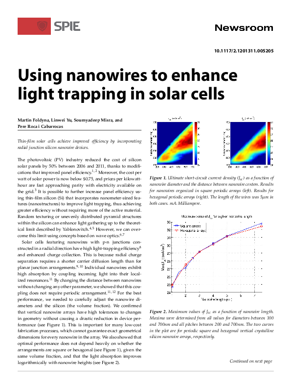 (PDF) Using nanowires to enhance light trapping in solar cells