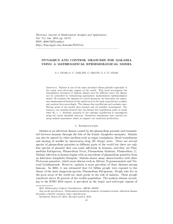 (PDF) Dynamics and Control Measures for Malaria Using a Mathematical ...