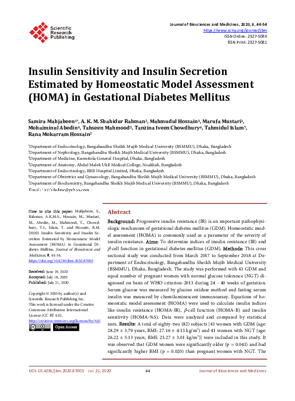 (PDF) Insulin Sensitivity and Insulin Secretion Estimated by ...