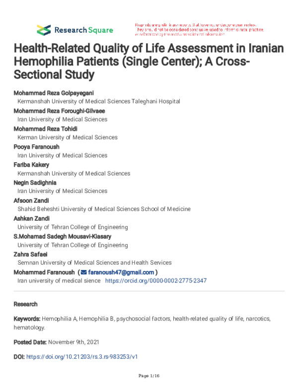(PDF) Health-Related Quality of Life Assessment in Iranian Hemophilia ...