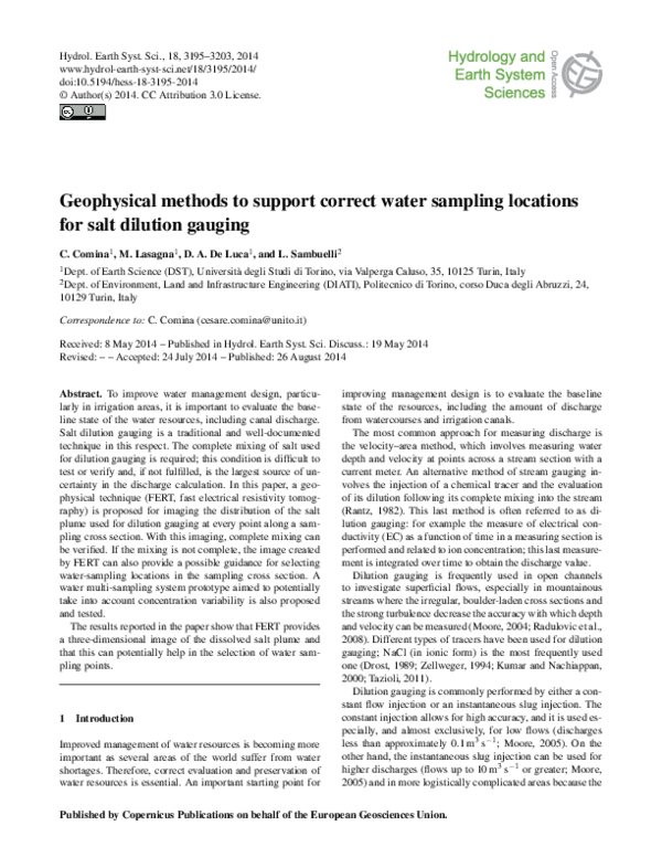 (PDF) Geophysical methods to support correct water sampling locations for salt dilution gauging
